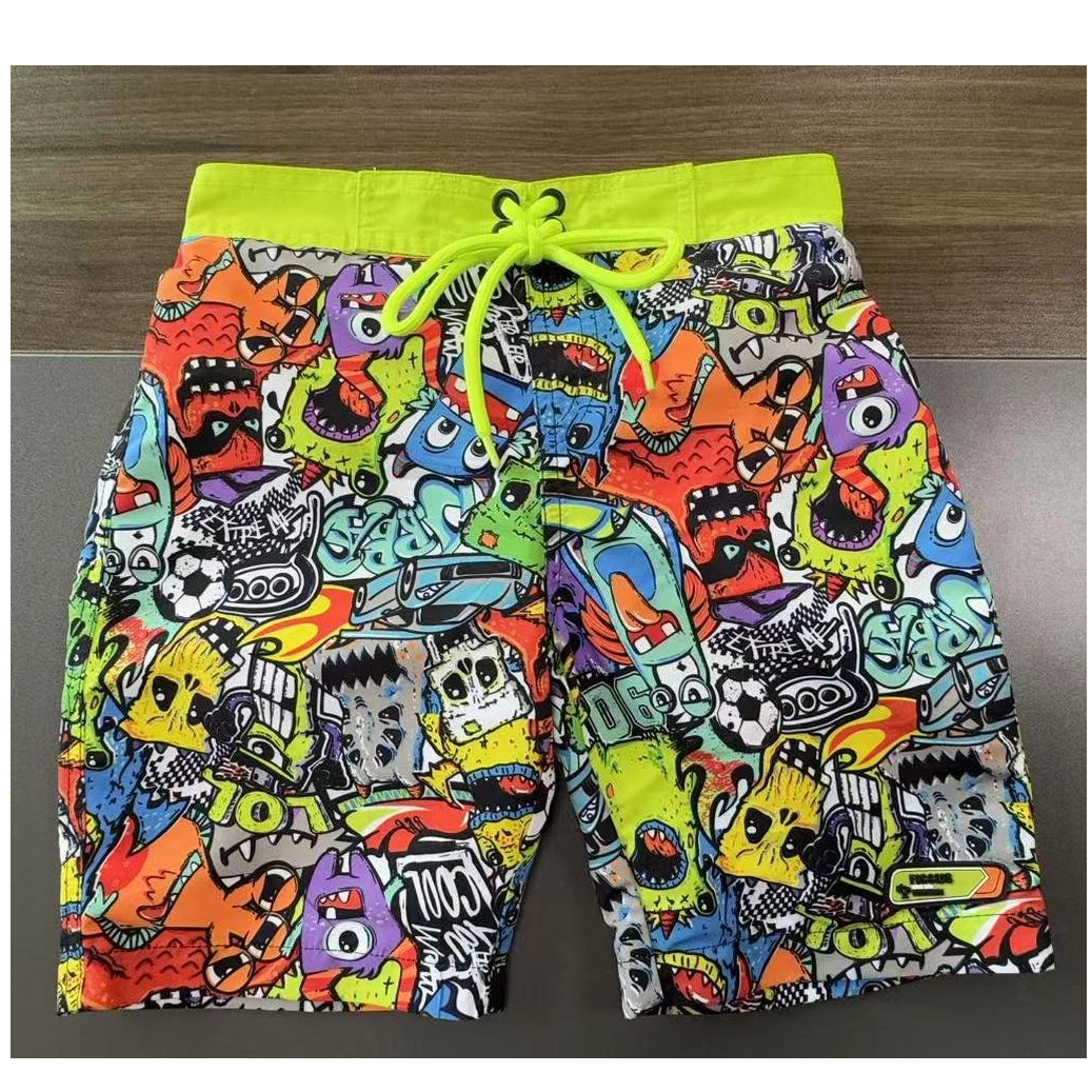 Calções de banho masculinos com cintura sólida AOP e trajes de banho para praia