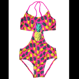 Maiô infantil para meninas, roupa de banho com impressão frontal em borracha e abacaxi, pedidos oem aceitos