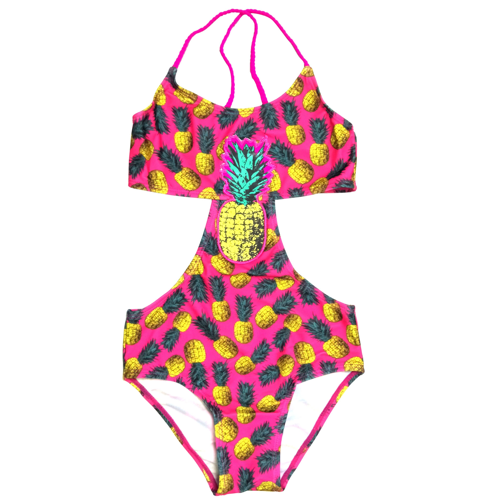 Maiô infantil para meninas, roupa de banho com impressão frontal em borracha e abacaxi, pedidos oem aceitos