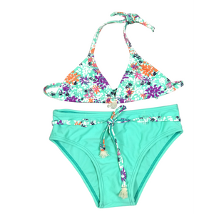 Biquíni para meninas, maiô de duas peças para meninas, roupa de banho infantil com parte superior AOP e fundo sólido personalizado disponível, pedidos OEM aceitos