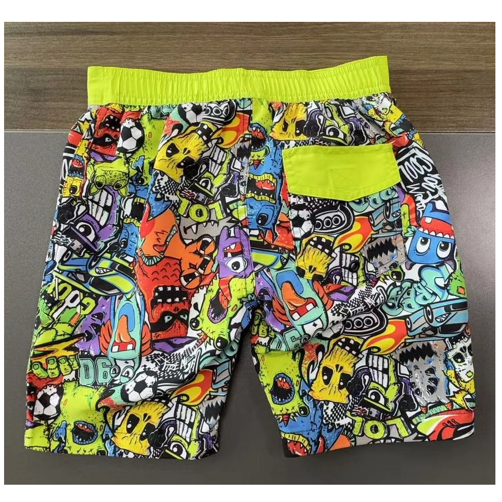 Calções de banho masculinos com cintura sólida AOP e trajes de banho para praia