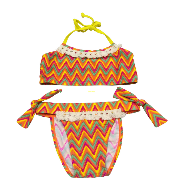Biquíni feminino de duas peças, roupa de banho para meninas, roupa de banho infantil com laço inferior, roupa de praia personalizada disponível, pedidos oem aceitos