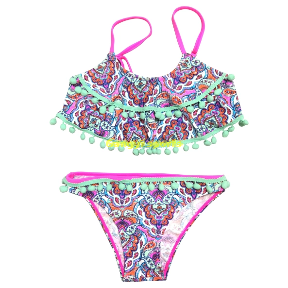 Biquíni para meninas, maiô de duas peças, roupa de banho infantil com babados superiores, personalizado disponível, pedidos oem aceitos